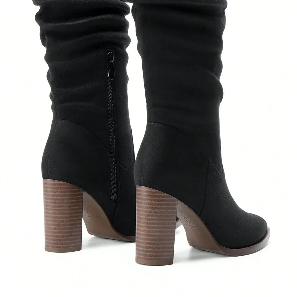 Black Elegant Women's Knee-High Pointed Toe Chunky Block Heel Suede With Side Zi - Picture 8 of 10